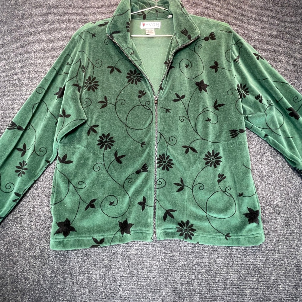 VTG Avon Zip Jacket M Forest Green Velour Floral Granny Y2K Fairy Grunge Goblin